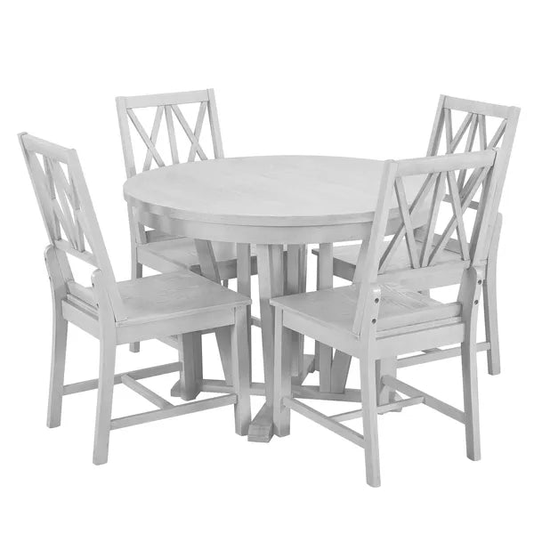 Rustic 5-Piece Extendable Dining Table Set Round Trestle Table and 4 Cross Back Dining Chairs for Kitchen, Dining Room