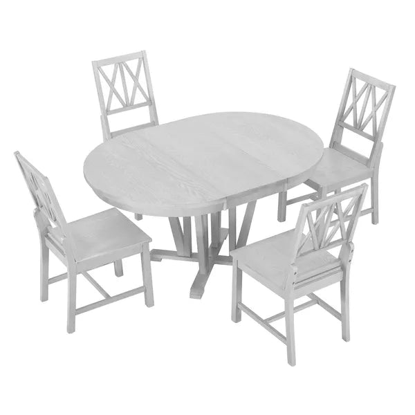 Rustic 5-Piece Extendable Dining Table Set Round Trestle Table and 4 Cross Back Dining Chairs for Kitchen, Dining Room