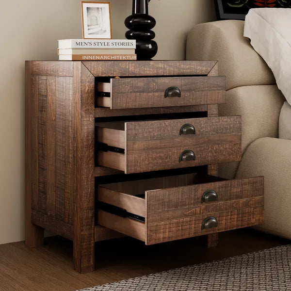 Rustic Farmhouse Style Three-Drawer Solid Pine Wood Nightstand with Cup Pulls and Integrated Charge Station