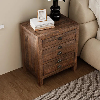 Rustic Farmhouse Style Three-Drawer Solid Pine Wood Nightstand with Cup Pulls and Integrated Charge Station