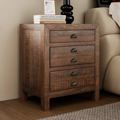 Rustic Farmhouse Style Three-Drawer Solid Pine Wood Nightstand with Cup Pulls and Integrated Charge Station