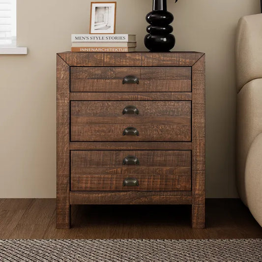 Rustic Farmhouse Style Three-Drawer Solid Pine Wood Nightstand with Cup Pulls and Integrated Charge Station