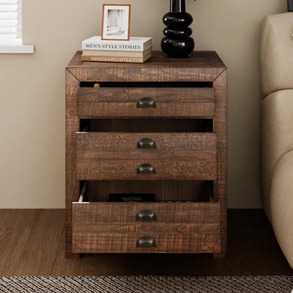 Rustic Farmhouse Style Three-Drawer Solid Pine Wood Nightstand with Cup Pulls and Integrated Charge Station