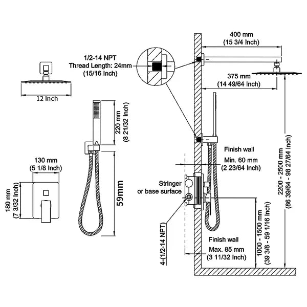 Shower System Shower Faucet Combo Set Wall Mounted with 12" Rainfall Shower Head and handheld shower faucet, Matt Black Finish with Brass Valve Rough-In