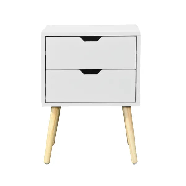 Side Table with 2 Drawer and Rubber Wood Legs;  Mid-Century Modern Storage Cabinet for Bedroom Living Room Furniture;  White