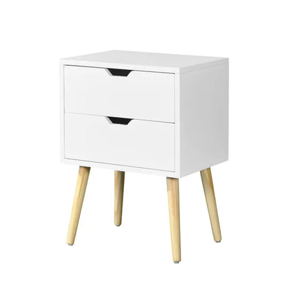 Side Table with 2 Drawer and Rubber Wood Legs;  Mid-Century Modern Storage Cabinet for Bedroom Living Room Furniture;  White