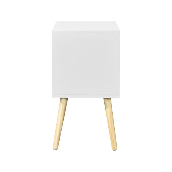 Side Table with 2 Drawer and Rubber Wood Legs;  Mid-Century Modern Storage Cabinet for Bedroom Living Room Furniture;  White