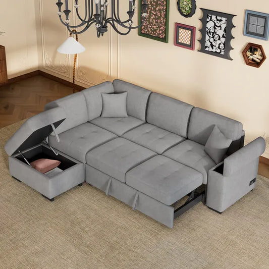 Sleeper Sectional Sofa, L-Shape Corner Couch Sofa-Bed with Storage Ottoman & Hidden Arm Storage & USB Charge for Living Room Apartment