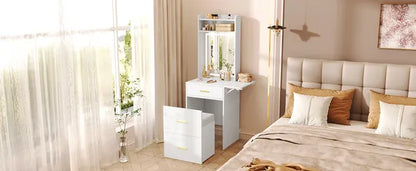 Small Vanity Desk with Mirror and Light, Dressing Table with Charging Station & Fold-up Panel for Small Space, Compact Makeup Vanity Set with Hidden Stool for Bedroom, White