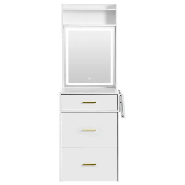 Small Vanity Desk with Mirror and Light, Dressing Table with Charging Station & Fold-up Panel for Small Space, Compact Makeup Vanity Set with Hidden Stool for Bedroom, White