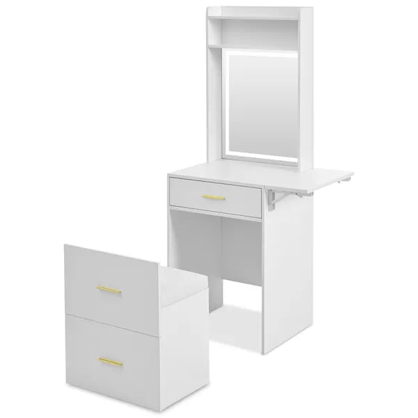 Small Vanity Desk with Mirror and Light, Dressing Table with Charging Station & Fold-up Panel for Small Space, Compact Makeup Vanity Set with Hidden Stool for Bedroom, White