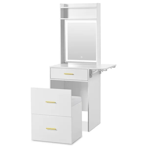 Small Vanity Desk with Mirror and Light, Dressing Table with Charging Station & Fold-up Panel for Small Space, Compact Makeup Vanity Set with Hidden Stool for Bedroom, White