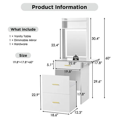 Small Vanity Desk with Mirror and Light, Dressing Table with Charging Station & Fold-up Panel for Small Space, Compact Makeup Vanity Set with Hidden Stool for Bedroom, White