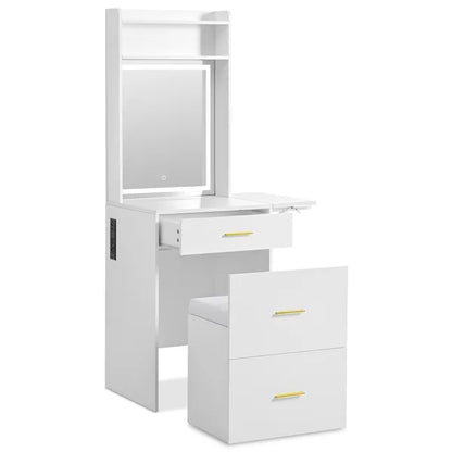 Small Vanity Desk with Mirror and Light, Dressing Table with Charging Station & Fold-up Panel for Small Space, Compact Makeup Vanity Set with Hidden Stool for Bedroom, White