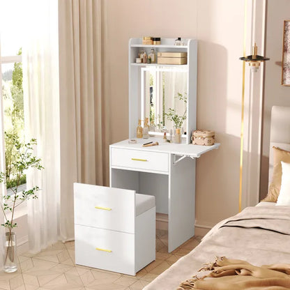 Small Vanity Desk with Mirror and Light, Dressing Table with Charging Station & Fold-up Panel for Small Space, Compact Makeup Vanity Set with Hidden Stool for Bedroom, White