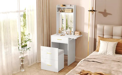 Small Vanity Desk with Mirror and Light, Dressing Table with Charging Station & Fold-up Panel for Small Space, Compact Makeup Vanity Set with Hidden Stool for Bedroom, White