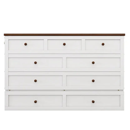 Solid Pine Murphy Bed Chest with Charging Station and Large Storage Drawer for Home Office or Small Room , Queen, White+Walnut