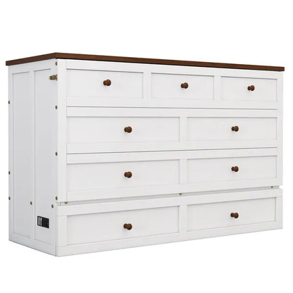 Solid Pine Murphy Bed Chest with Charging Station and Large Storage Drawer for Home Office or Small Room , Queen, White+Walnut