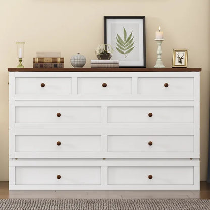 Solid Pine Murphy Bed Chest with Charging Station and Large Storage Drawer for Home Office or Small Room , Queen, White+Walnut