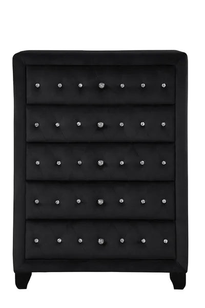 Sophia Modern Style Crystal Tufted Upholstery 5-Drawer Chest finished with Velvet Fabric made with Wood in Black