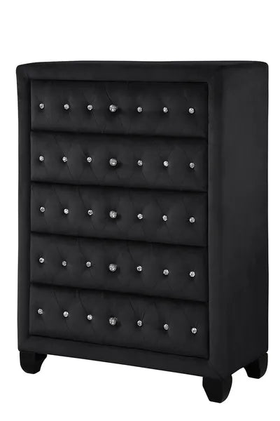 Sophia Modern Style Crystal Tufted Upholstery 5-Drawer Chest finished with Velvet Fabric made with Wood in Black