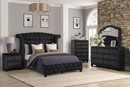 Sophia Modern Style Crystal Tufted Upholstery 5-Drawer Chest finished with Velvet Fabric made with Wood in Black