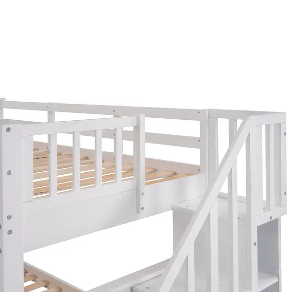 Stairway Twin-Over-Twin Bunk Bed with Three Drawers for Bedroom, Dorm - Gray