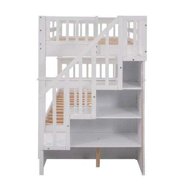 Stairway Twin-Over-Twin Bunk Bed with Three Drawers for Bedroom, Dorm - Gray