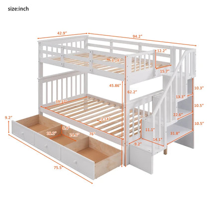 Stairway Twin-Over-Twin Bunk Bed with Three Drawers for Bedroom, Dorm - Gray