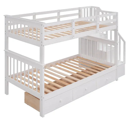 Stairway Twin-Over-Twin Bunk Bed with Three Drawers for Bedroom, Dorm - Gray