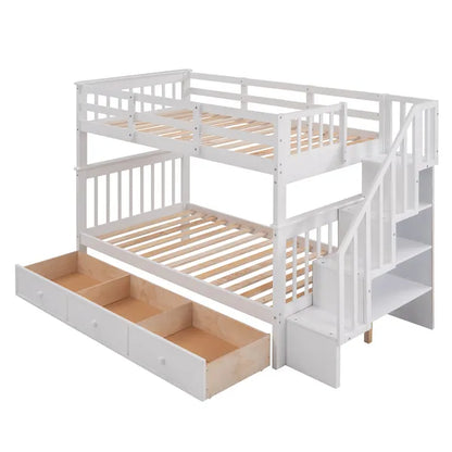 Stairway Twin-Over-Twin Bunk Bed with Three Drawers for Bedroom, Dorm - Gray