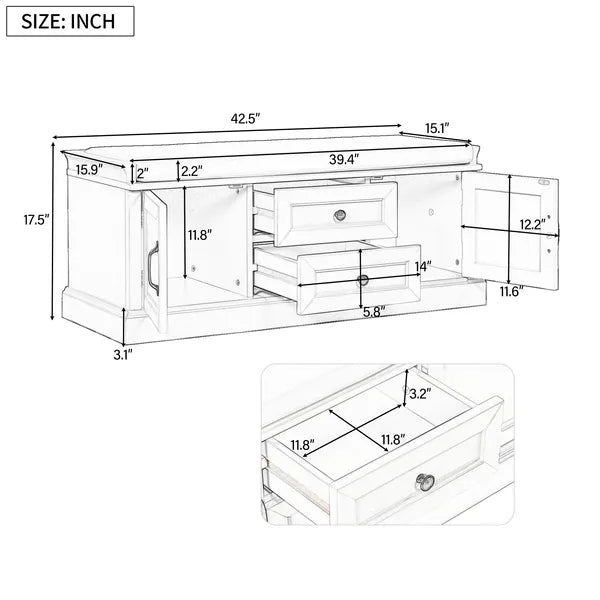 Storage Bench with 2 Drawers and 2 Cabinets,Shoe Bench with Removable Cushion for Living Room,Entryway