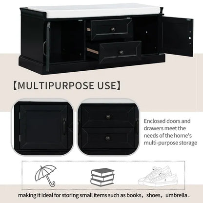 Storage Bench with 2 Drawers and 2 Cabinets,Shoe Bench with Removable Cushion for Living Room,Entryway