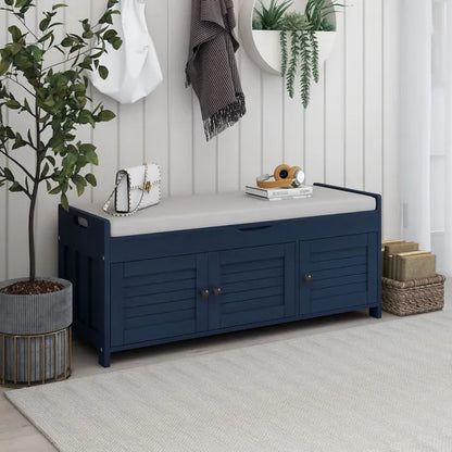 Storage Bench with 3 Shutter-shaped Doors,Shoe Bench with Removable Cushion and Hidden Storage Space