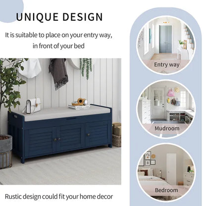 Storage Bench with 3 Shutter-shaped Doors,Shoe Bench with Removable Cushion and Hidden Storage Space