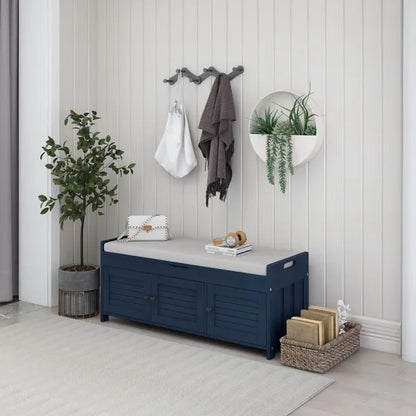 Storage Bench with 3 Shutter-shaped Doors,Shoe Bench with Removable Cushion and Hidden Storage Space