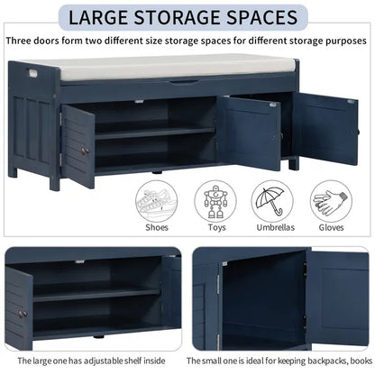 Storage Bench with 3 Shutter-shaped Doors,Shoe Bench with Removable Cushion and Hidden Storage Space