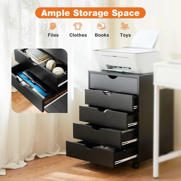 Sweetcrispy 5 Drawer Chest - Storage Cabinets Dressers Wood Dresser Cabinet with Wheels Mobile Organizer Drawers for Office