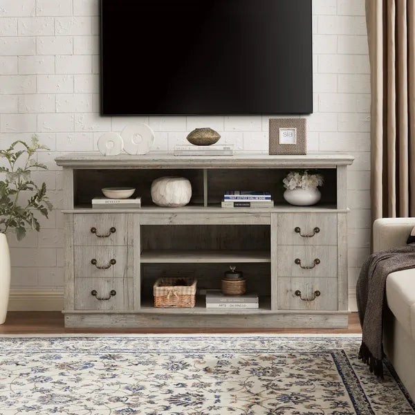 Traditional TV Media Stand Farmhouse Rustic Entertainment Console for TV Up to 65" with Open and Closed Storage Space, Light Gray, 60"W*15.75"D*34.25"H