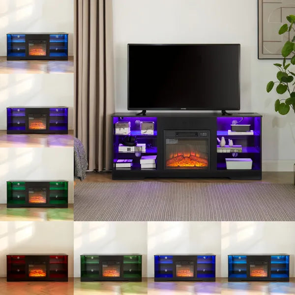 TV Stand Electric Fireplace TV Stand with Glass Shelves, 3D Fireplace TV Stand with LED Lights Wood with USB Charging Outlet Modern Television Table Center for TV up to 32-62" White 58''W*15.5''D*24.4