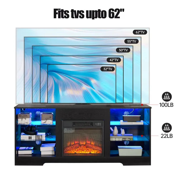 TV Stand Electric Fireplace TV Stand with Glass Shelves, 3D Fireplace TV Stand with LED Lights Wood with USB Charging Outlet Modern Television Table Center for TV up to 32-62" White 58''W*15.5''D*24.4