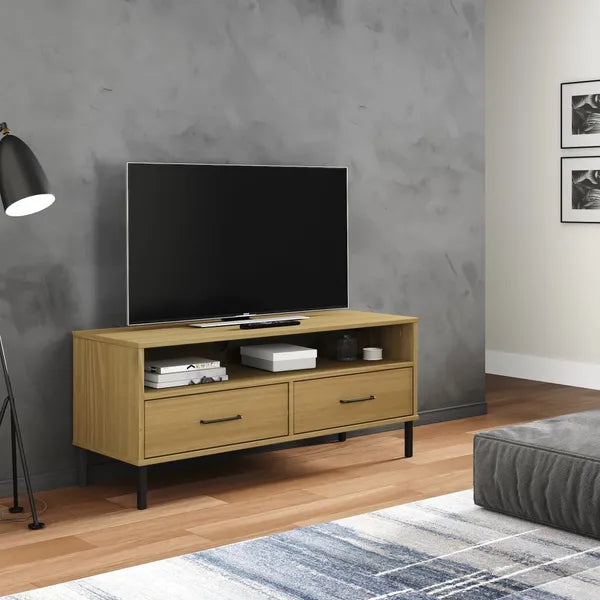 TV Stand with Metal Legs Brown Solid Wood Pine OSLO