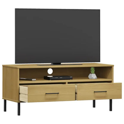 TV Stand with Metal Legs Brown Solid Wood Pine OSLO