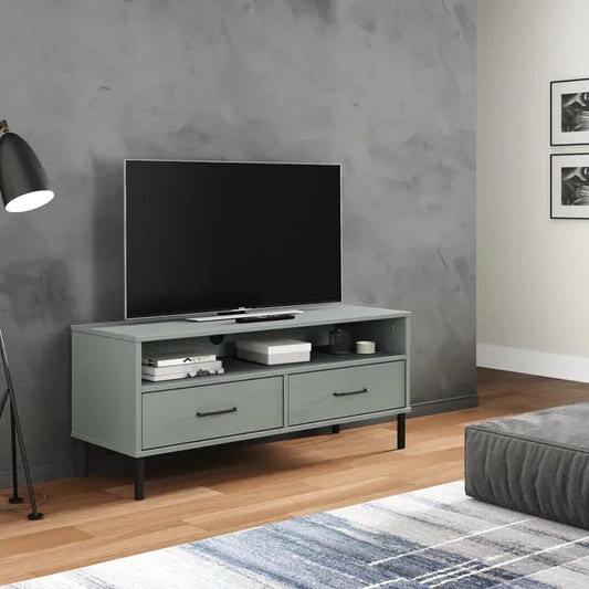 TV Stand with Metal Legs Gray Solid Wood Pine OSLO