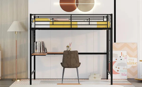 Twin Metal Loft Bed with Desk and Metal Grid