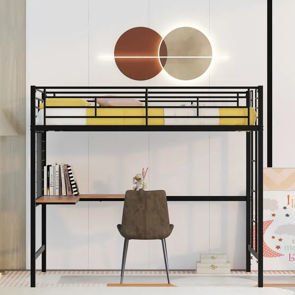 Twin Metal Loft Bed with Desk and Metal Grid