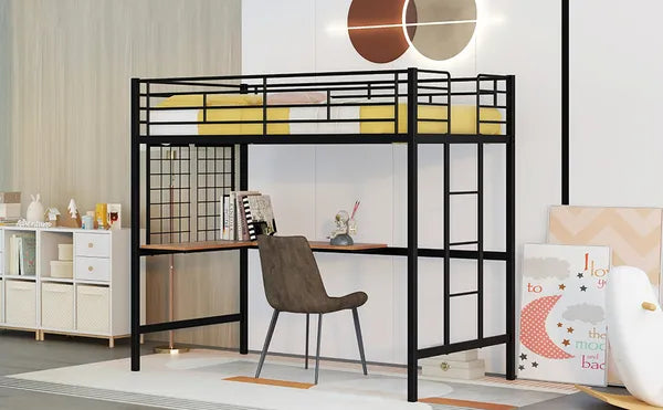 Twin Metal Loft Bed with Desk and Metal Grid