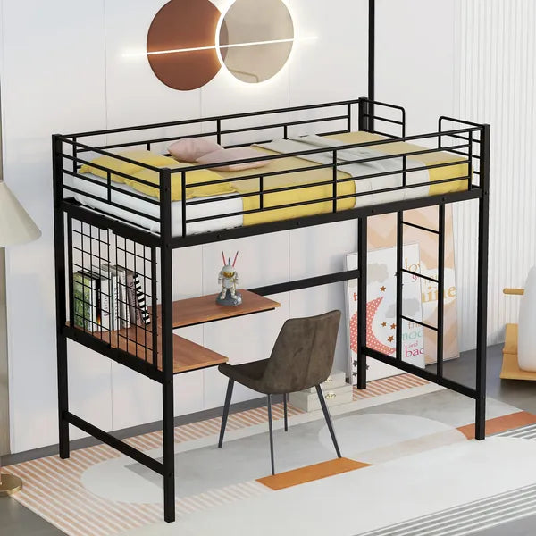 Twin Metal Loft Bed with Desk and Metal Grid