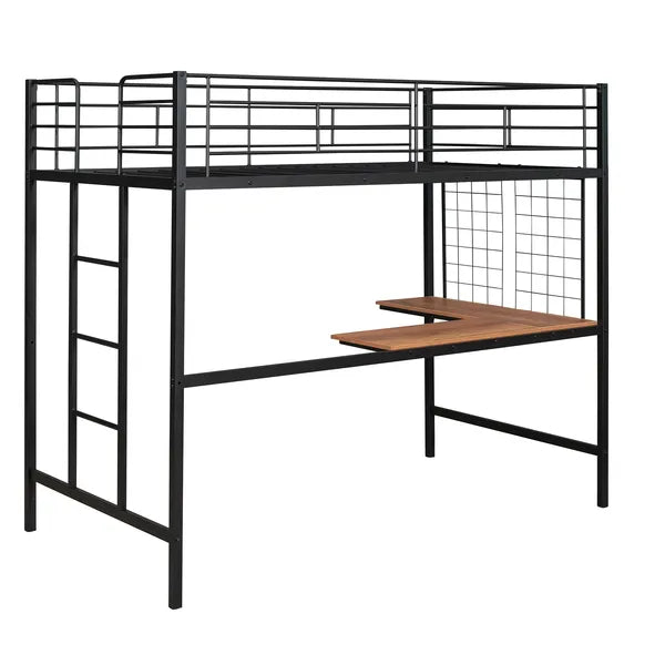 Twin Metal Loft Bed with Desk and Metal Grid