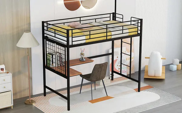 Twin Metal Loft Bed with Desk and Metal Grid